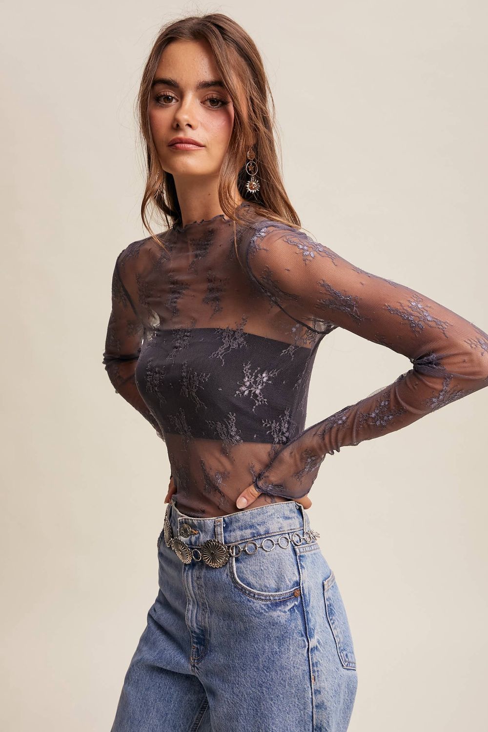 Sheer Lace Long-Sleeve Top Blush