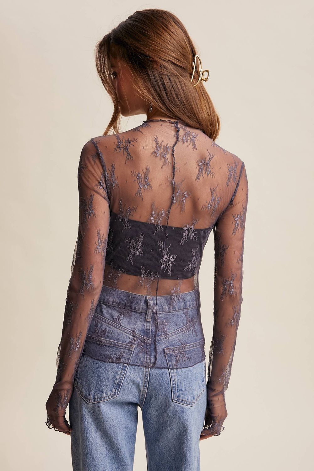 Sheer Lace Long-Sleeve Top Blush