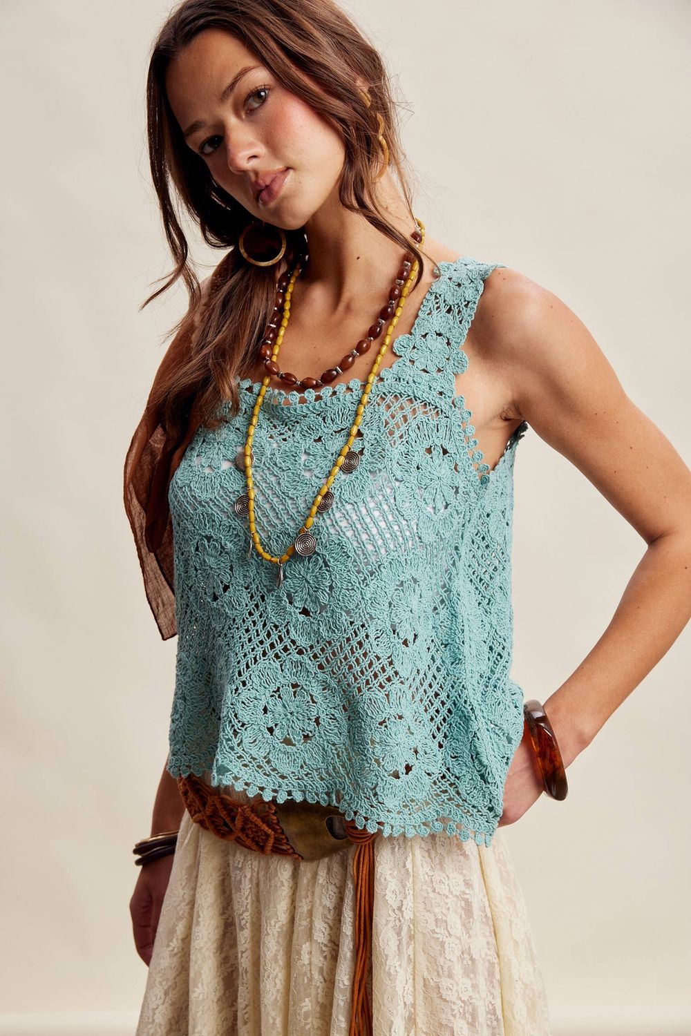 Crochet Lace Square Neck Tank Top, Color: Jade, Fit: Contemporary, Size: Small