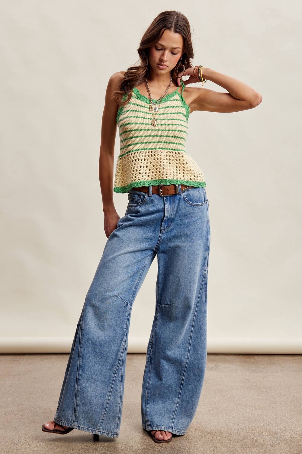 Striped Crochet Knit Tank Green
