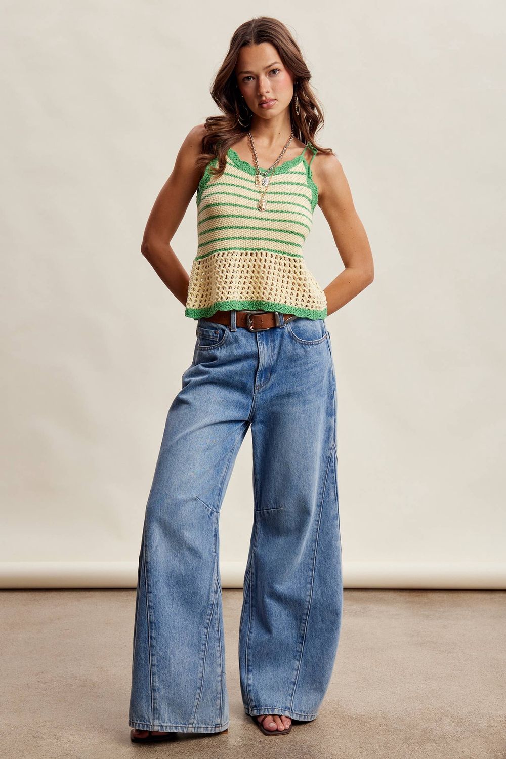 Striped Crochet Knit Tank Green