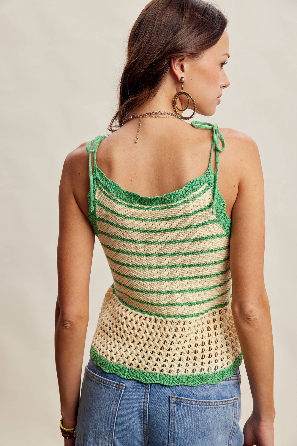 Striped Crochet Knit Tank Green