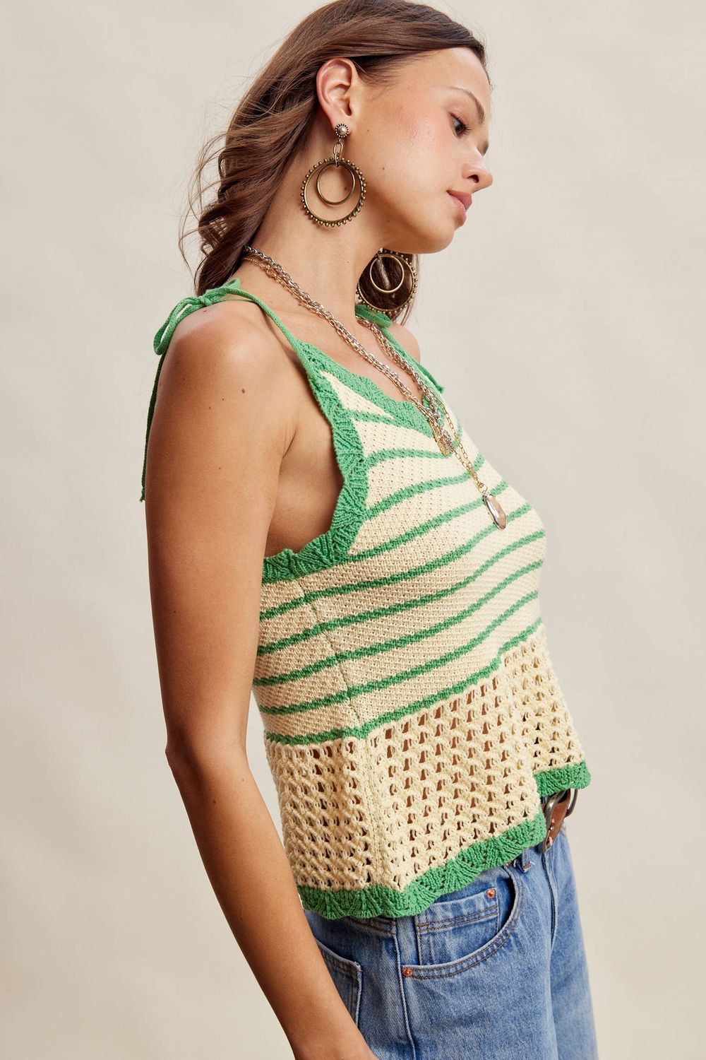 Striped Crochet Knit Tank Green