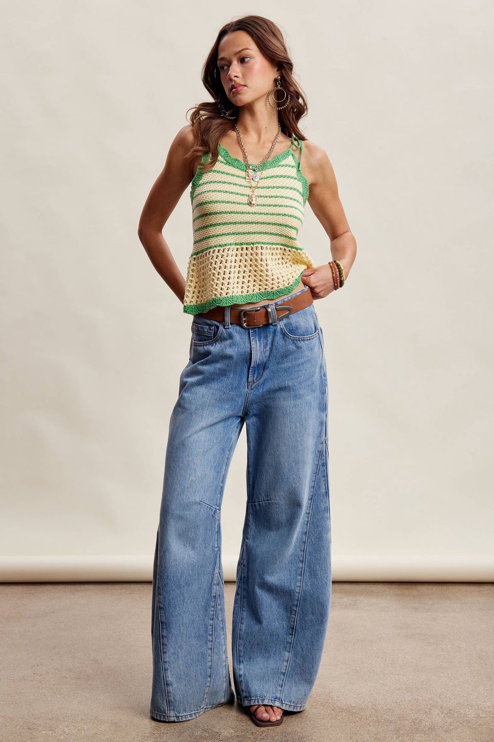 Striped Crochet Knit Tank Green