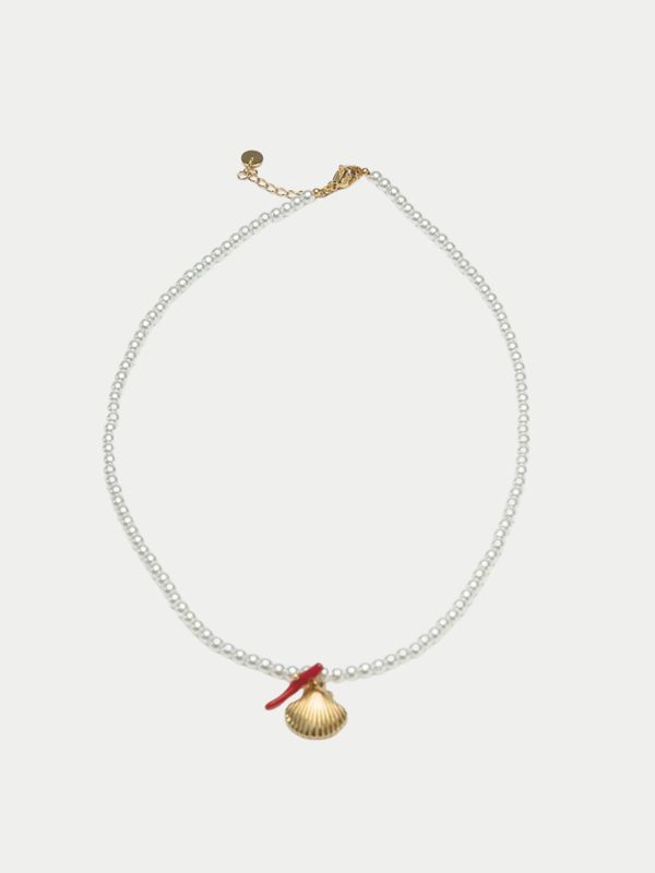 Bow19 Petite Pearl Necklace Shell Red