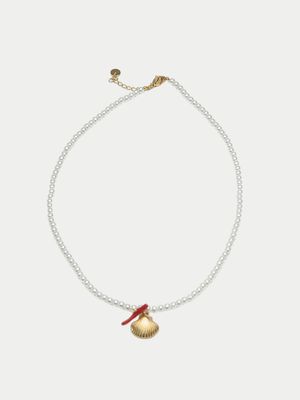 Bow19 Petite Pearl Necklace Shell Red