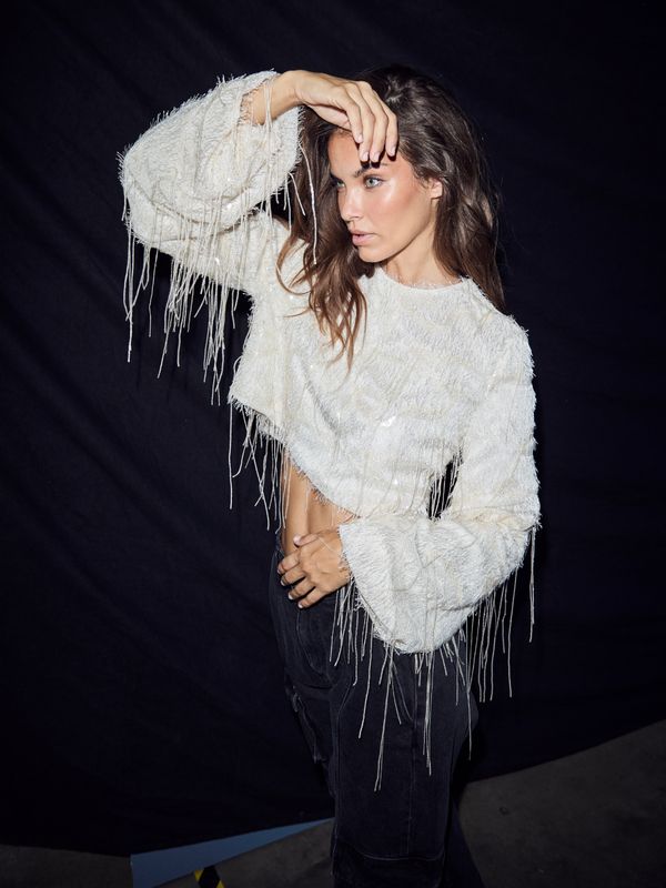 Haute L'Amitie Sequin Fringe Blouse Pearl