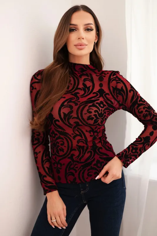 Bluzka damska z welurowym wzorem i stójką