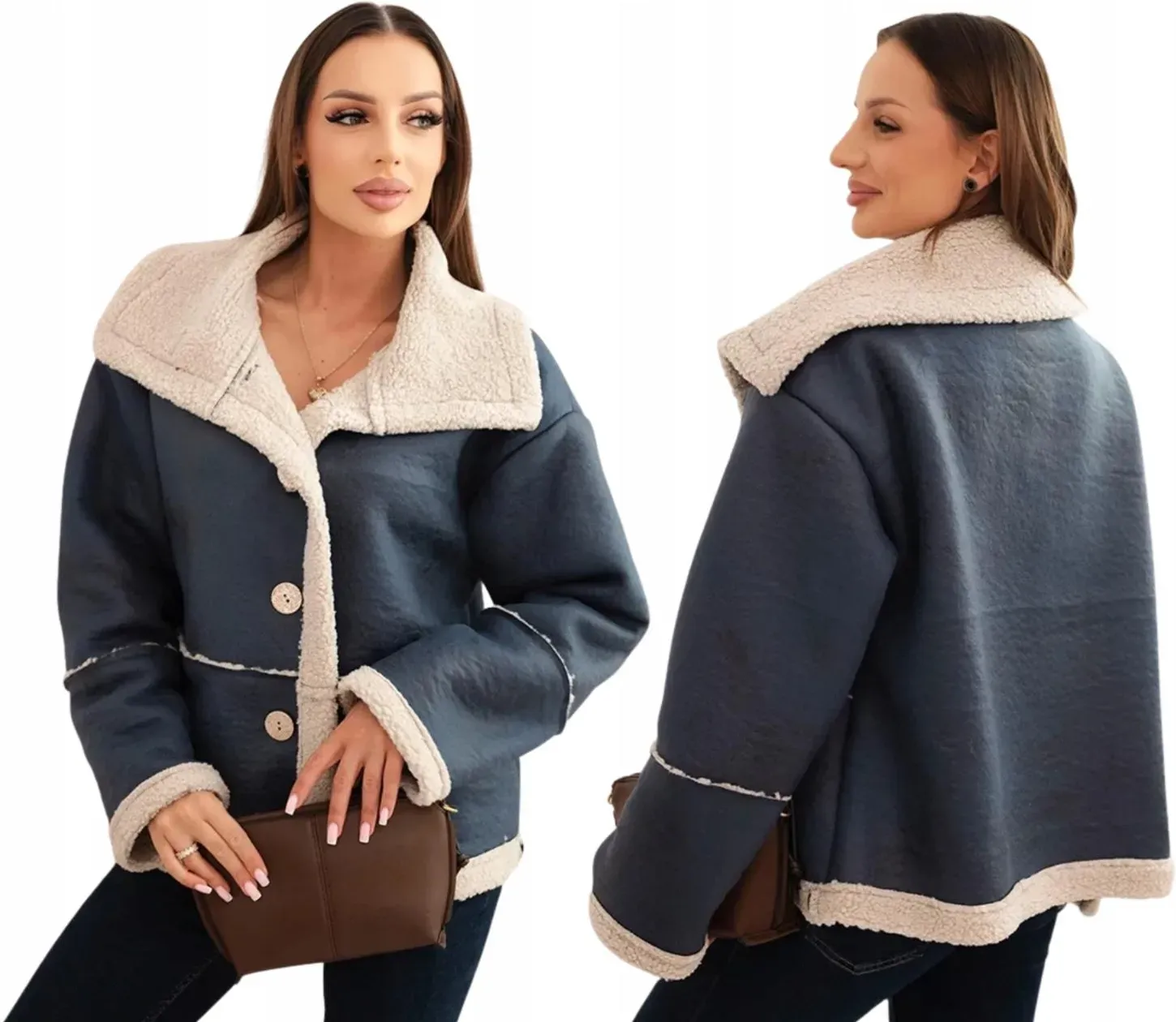 Kurtka damska Plus Size ocieplana z barankiem i guzikami krótki fason jeansowa