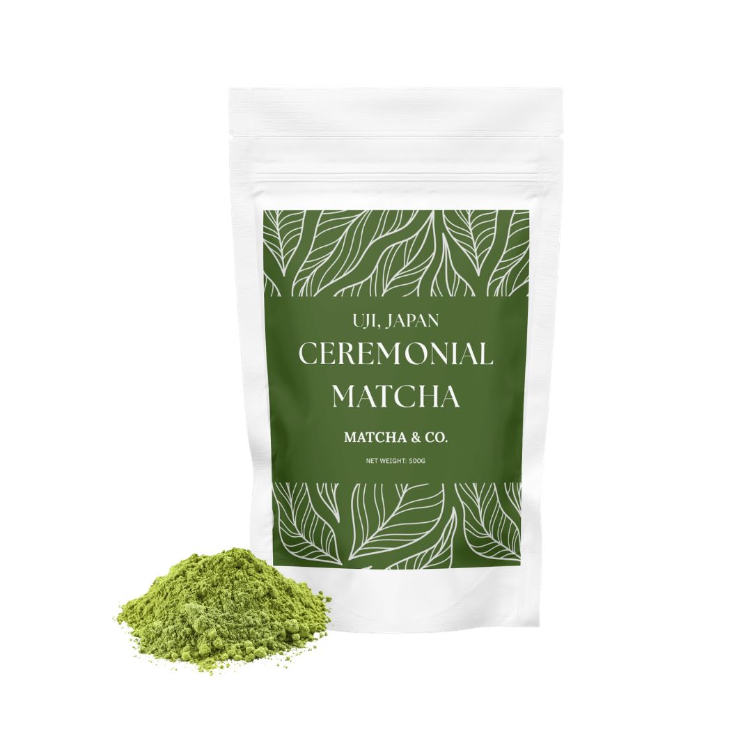 The front side of a large bag of matcha