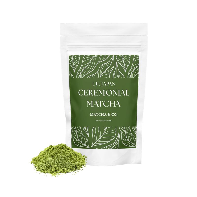 The front side of a large bag of matcha