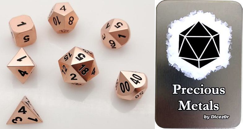 Dicez0r – Precious Metals: Pure Copper with Black – Metal Dice Set (7 stuks)