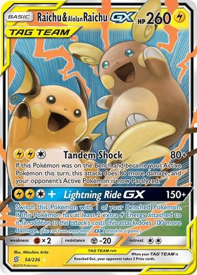 Raichu &amp; Alolan Raichu GX Holo Unified Minds 54/236