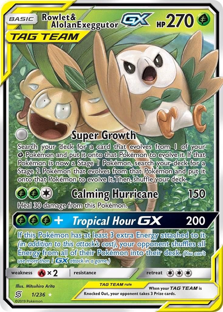 Rowlet &amp; Alolan Exeggutor GX Full Art Holo Unified Minds 1/236