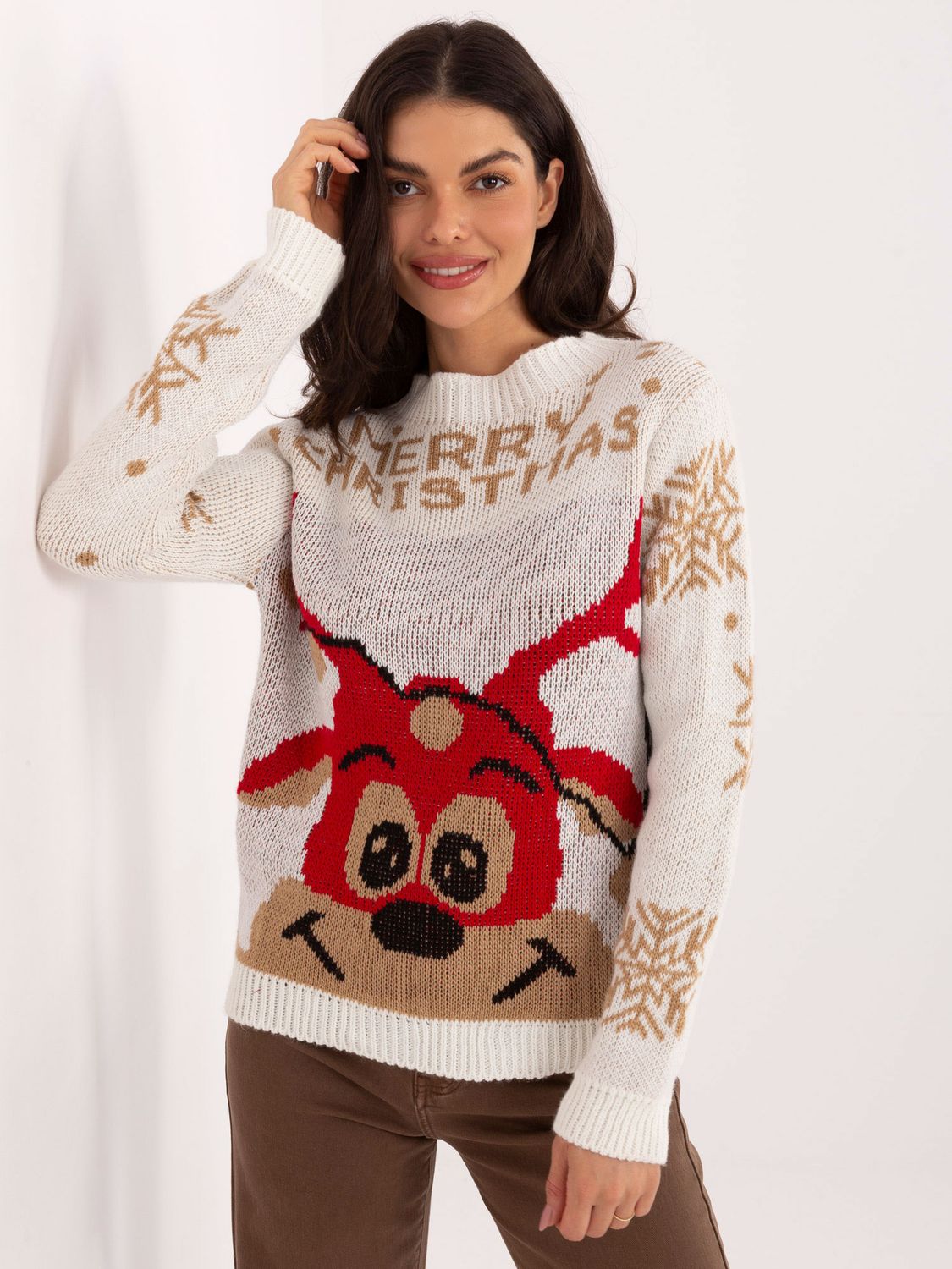 Ecru świąteczny sweter damski w śnieżynki włoski producent