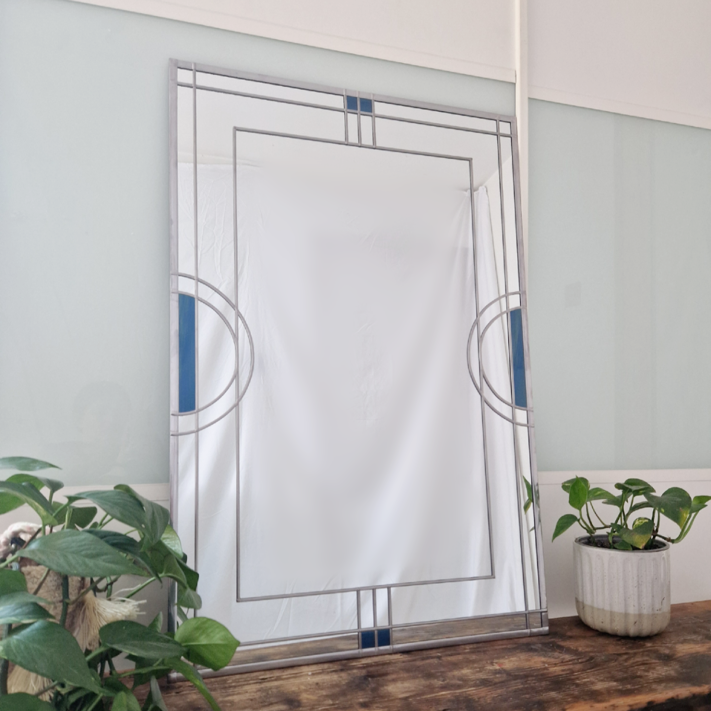 NEW Introductory offer - Large 3ftx2ft Art Deco Frame stained glass style mirror. Peacock blue accents.