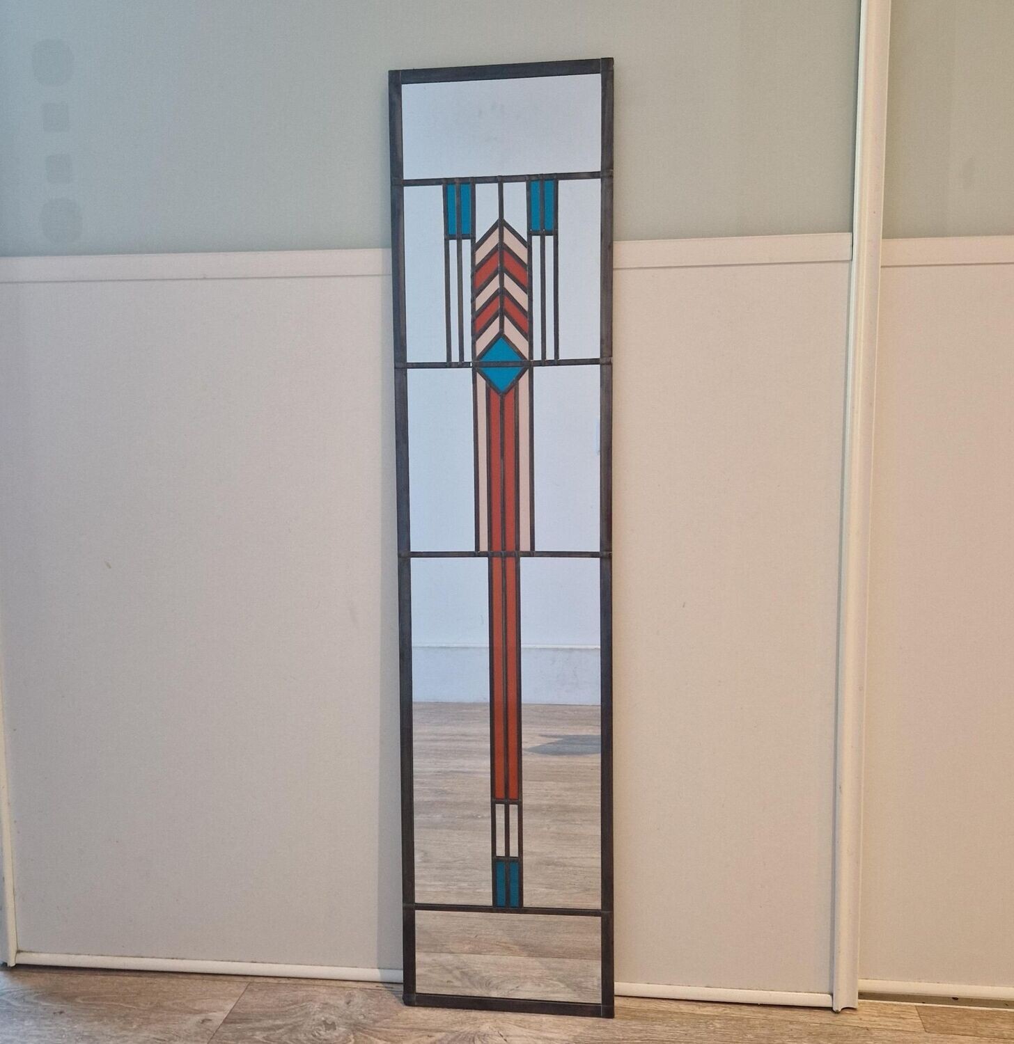 Art Deco Mirror 91x21cm. Orange, Teal and Peach