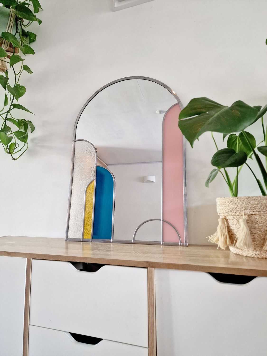 Arch Mirror. Teal, Yellow, Pink and frosted.