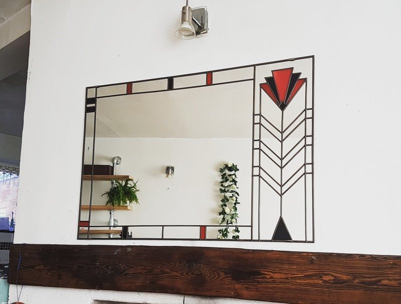 Art Deco Fan leaded mirror. Vibrant Red. Large 91x61cm 3x2 FT