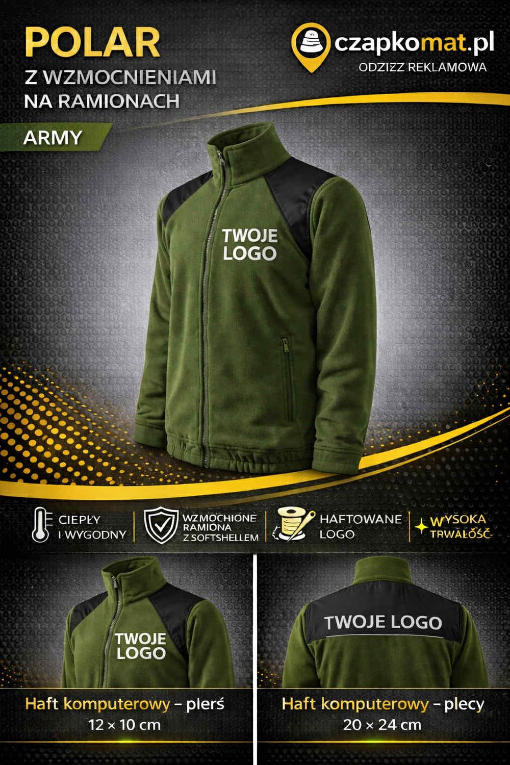 POLAR Z HAFTEM JACKET HI-Q506 TWOJE LOGO , NAZWA FIRMY HAFT KOMPUTEROWY POLAR UNISEX ARMY WOJSKOWY