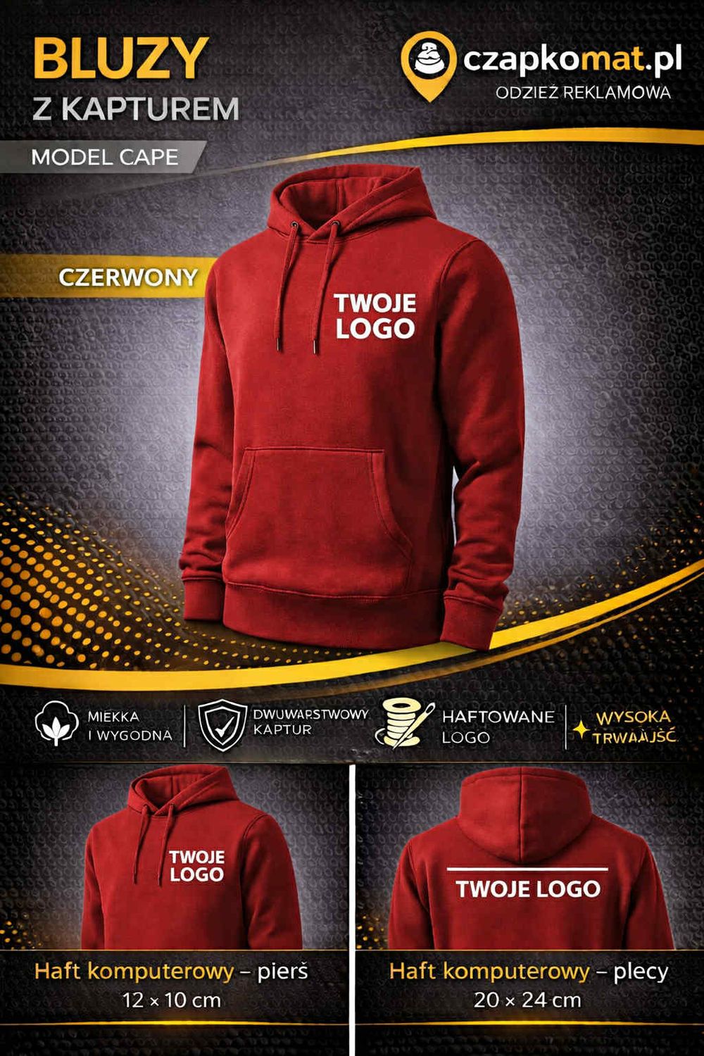 BLUZA Z HAFTEM 320g/m2 BLUZA Z KAPTUREM CAPE 413 CZERWONA HAFT KOMPUTEROWY