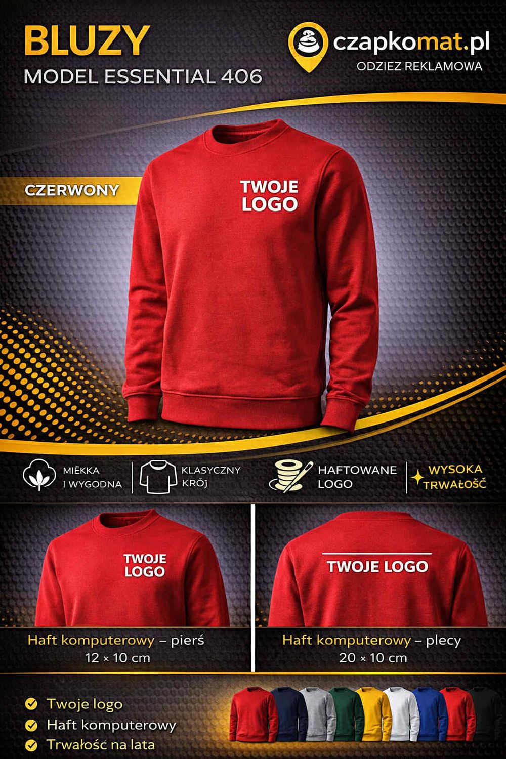 BLUZA Z HAFTEM BLUZA ESSENTIAL 406 HAFT KOMPUTEROWY CZERWONA UNISEX MĘSKA DZIECIĘCA