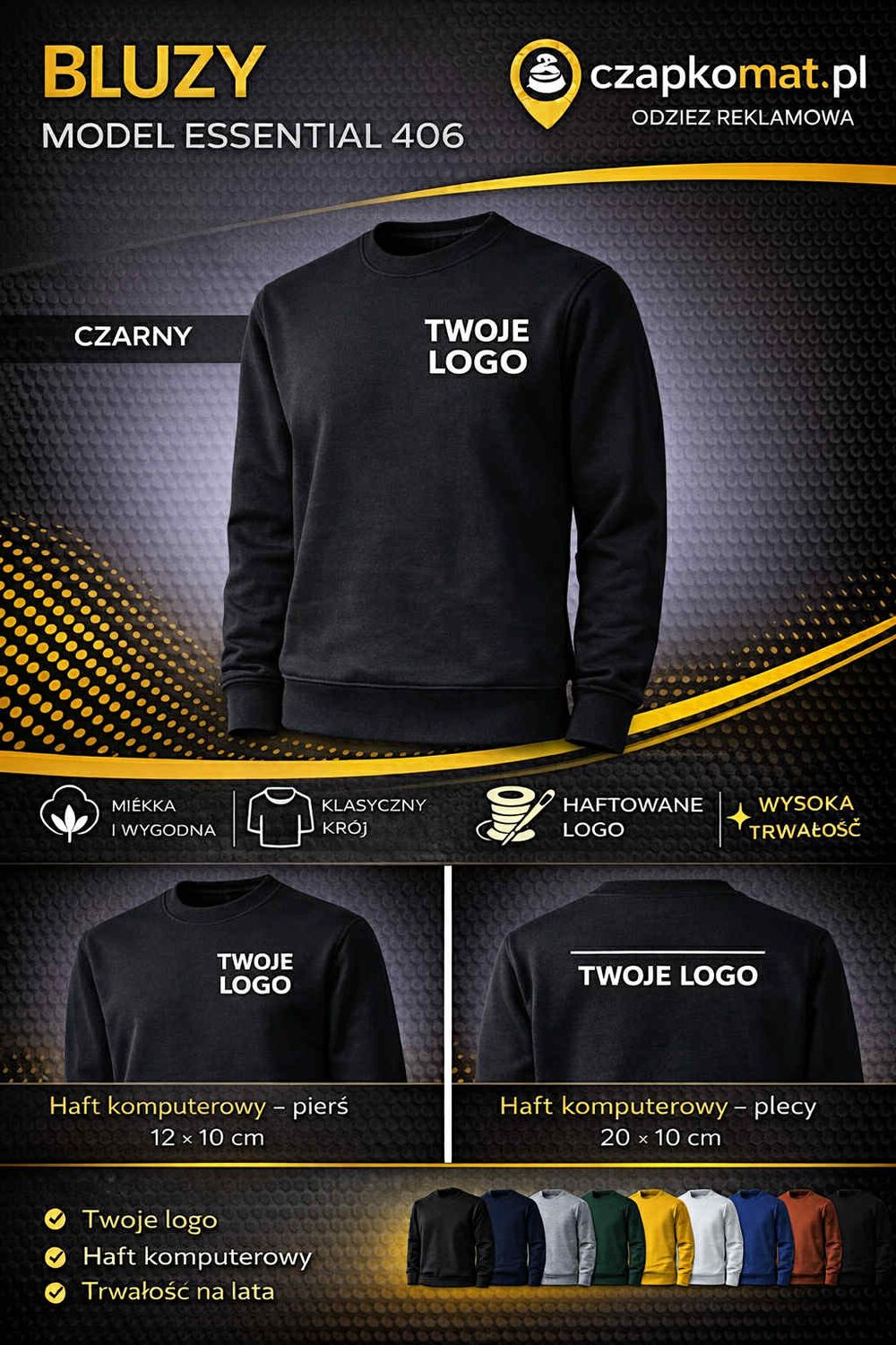 BLUZA Z HAFTEM BLUZA ESSENTIAL 406 HAFT KOMPUTEROWY CZARNA UNISEX MĘSKA DZIECIĘCA