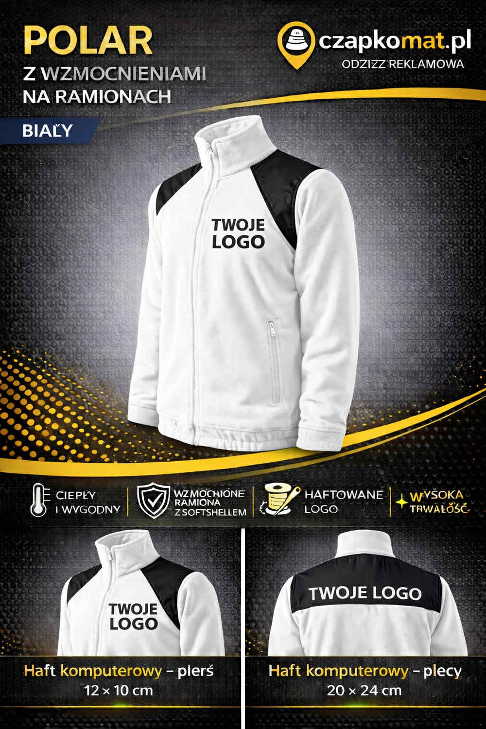 POLAR Z HAFTEM JACKET HI-Q506 TWOJE LOGO , NAZWA FIRMY HAFT KOMPUTEROWY POLAR UNISEX BIAŁY