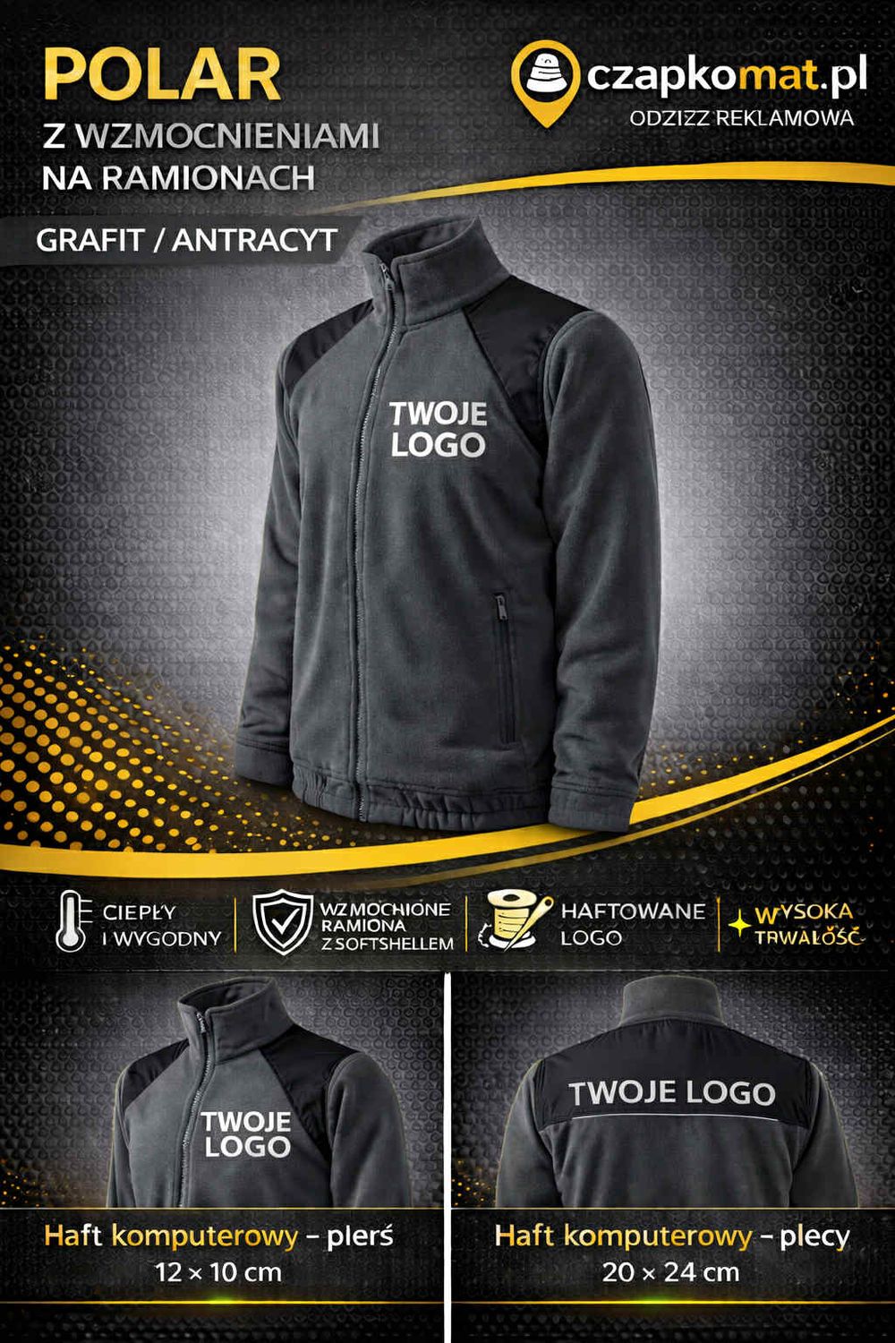 POLAR Z HAFTEM JACKET HI-Q506 TWOJE LOGO , NAZWA FIRMY HAFT KOMPUTEROWY POLAR UNISEX ANTRACYT