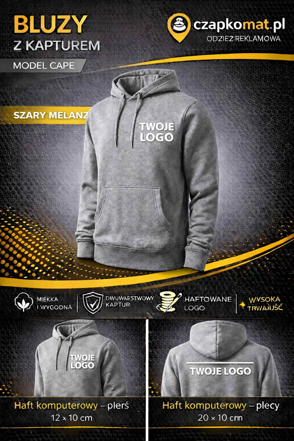 BLUZA Z HAFTEM 320g/m2 BLUZA Z KAPTUREM CAPE 413 SZARY MELANŻ HAFT KOMPUTEROWY