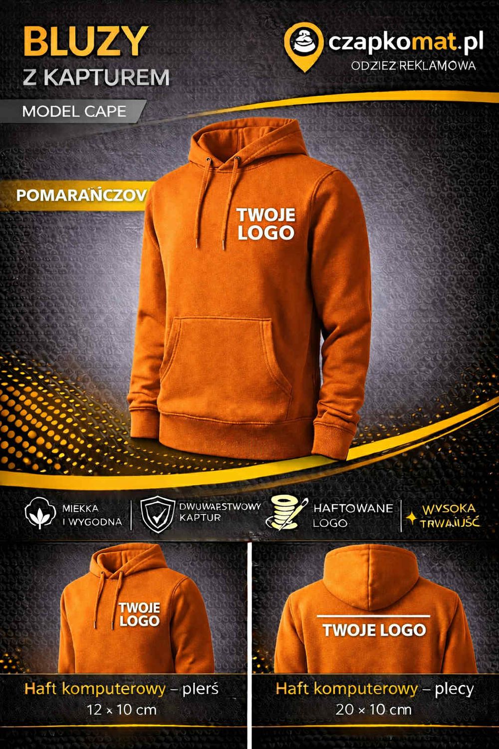 BLUZA Z HAFTEM 320g/m2 BLUZA Z KAPTUREM CAPE 413 POMARAŃCZ HAFT KOMPUTEROWY