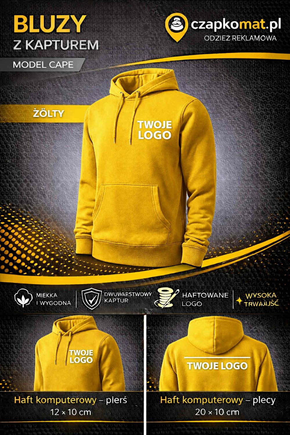 BLUZA Z HAFTEM 320g/m2 BLUZA Z KAPTUREM CAPE 413 ŻÓŁTY LEMON HAFT KOMPUTEROWY