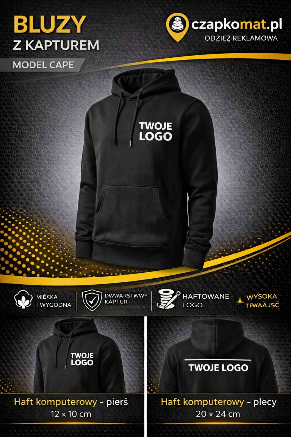 BLUZA Z HAFTEM 320g/m2 BLUZA Z KAPTUREM CAPE 413 CZARNY BLACK HAFT KOMPUTEROWY