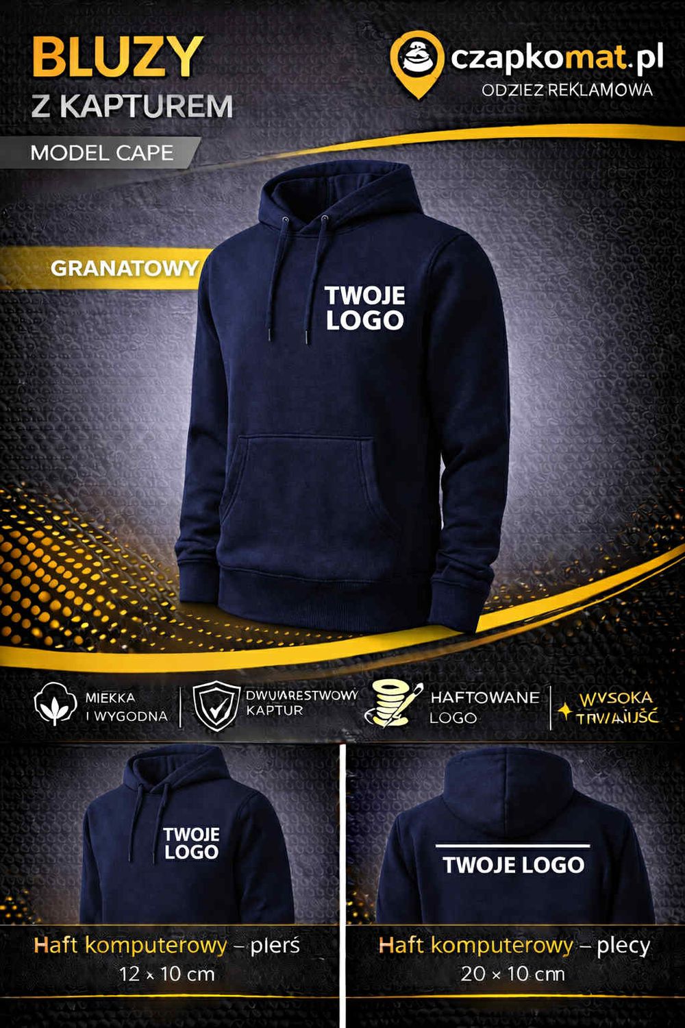 BLUZA Z HAFTEM 320g/m2 BLUZA Z KAPTUREM CAPE 413 GRANAT HAFT KOMPUTEROWY