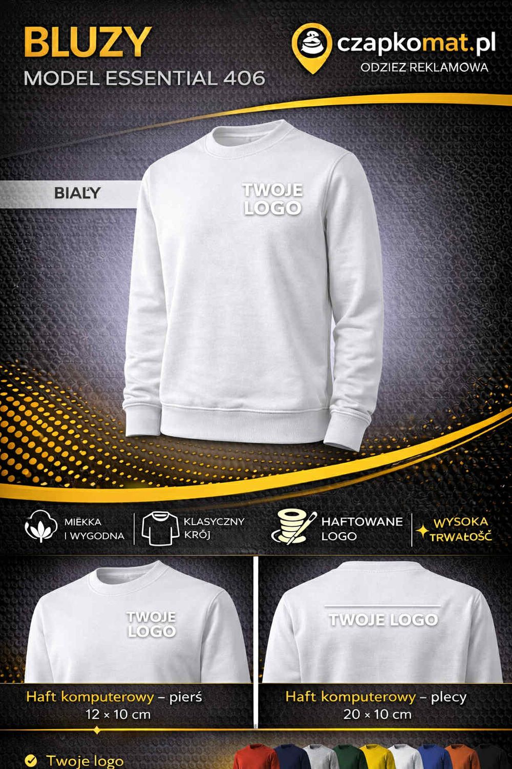 BLUZA Z HAFTEM BLUZA ESSENTIAL 406 HAFT KOMPUTEROWY BIAŁA UNISEX MĘSKA DZIECIĘCA