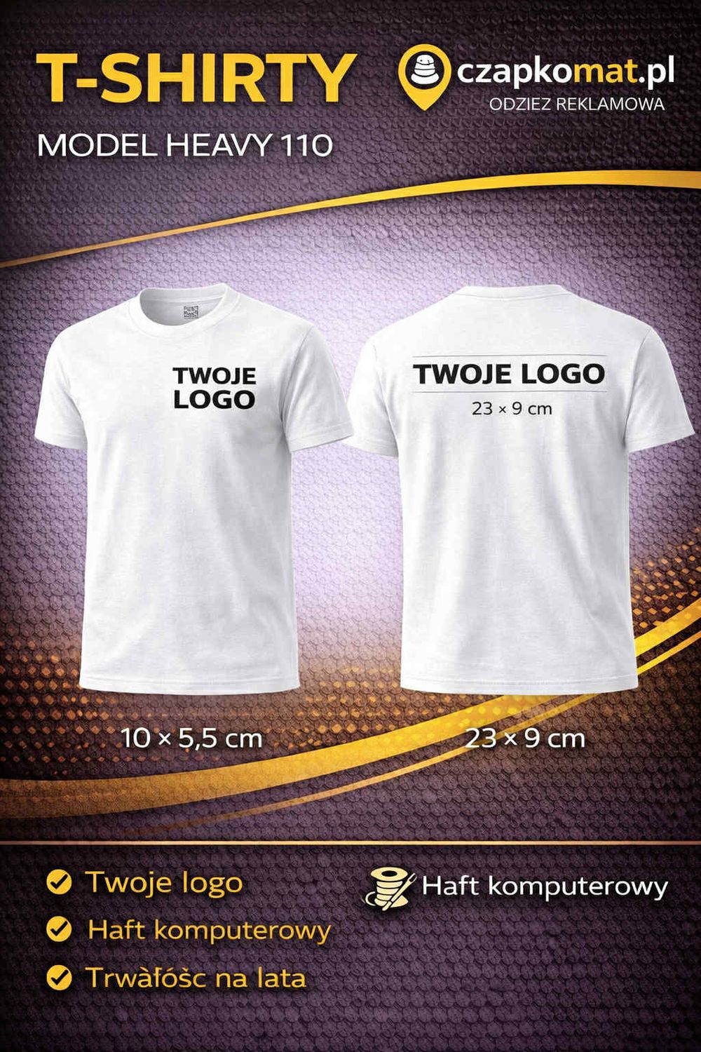 Koszulka z haftem KOSZULKA HEAVY 100% BAWEŁNA 200g/m2 TWOJE LOGO - HAFT KOMPUTERWY BIAŁA WHITE