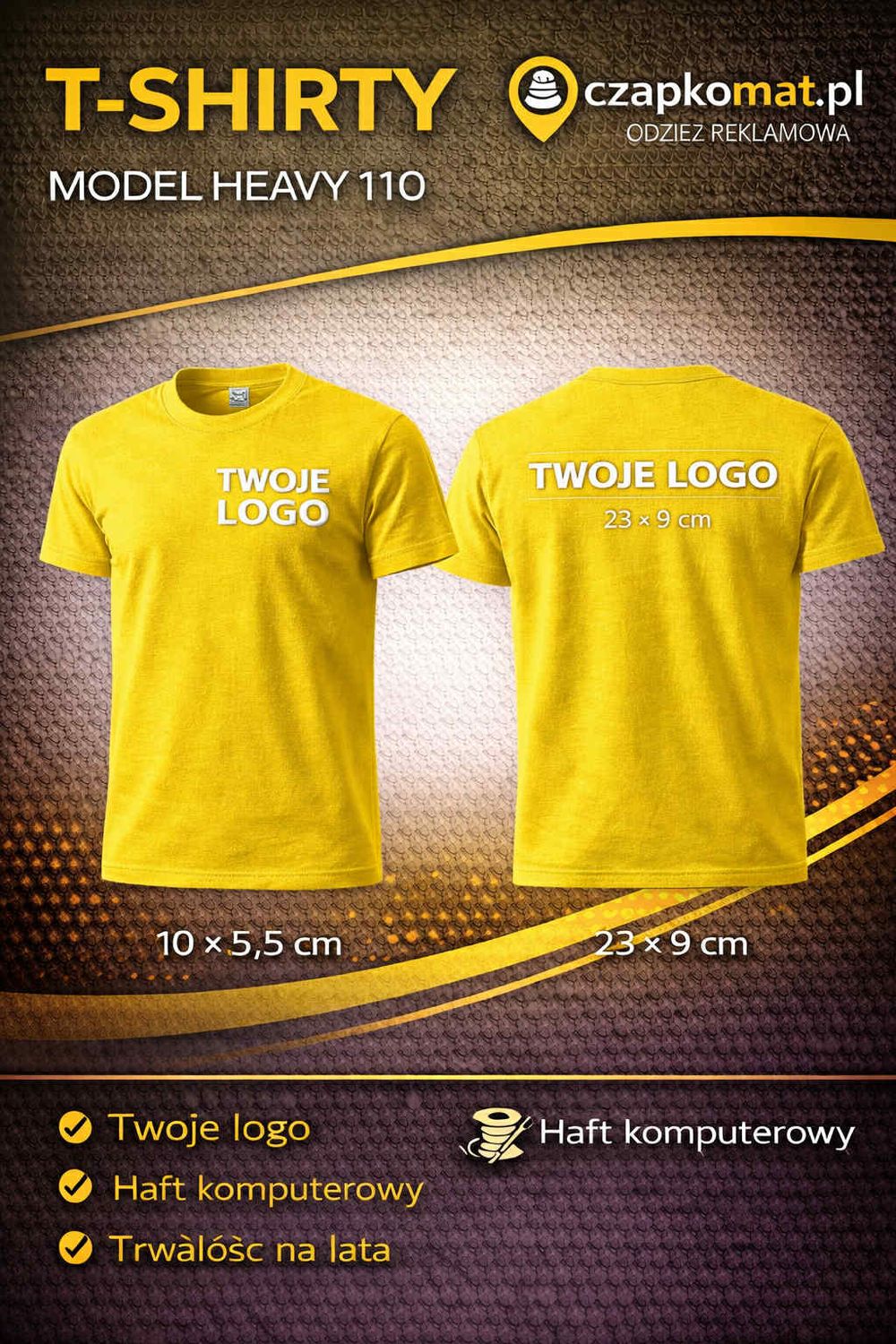 Koszulka z haftem KOSZULKA HEAVY 100% BAWEŁNA 200g/m2 TWOJE LOGO - HAFT KOMPUTERWY ŻÓŁTY