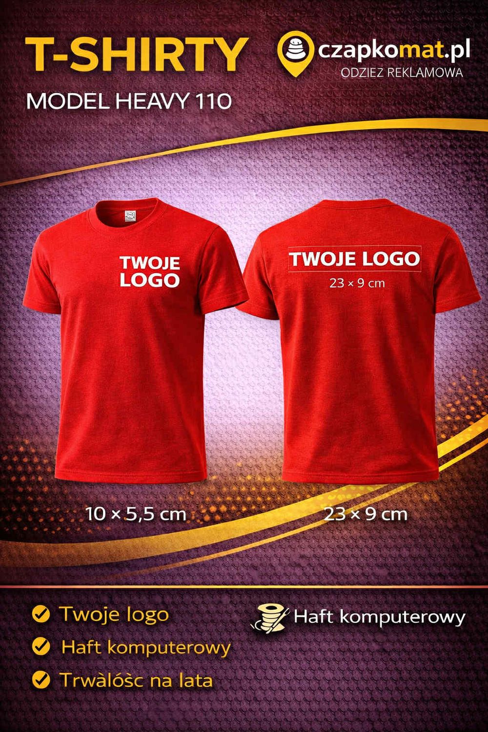 Koszulka z haftem KOSZULKA HEAVY 100% BAWEŁNA 200g/m2 TWOJE LOGO - HAFT KOMPUTERWY CZERWONY