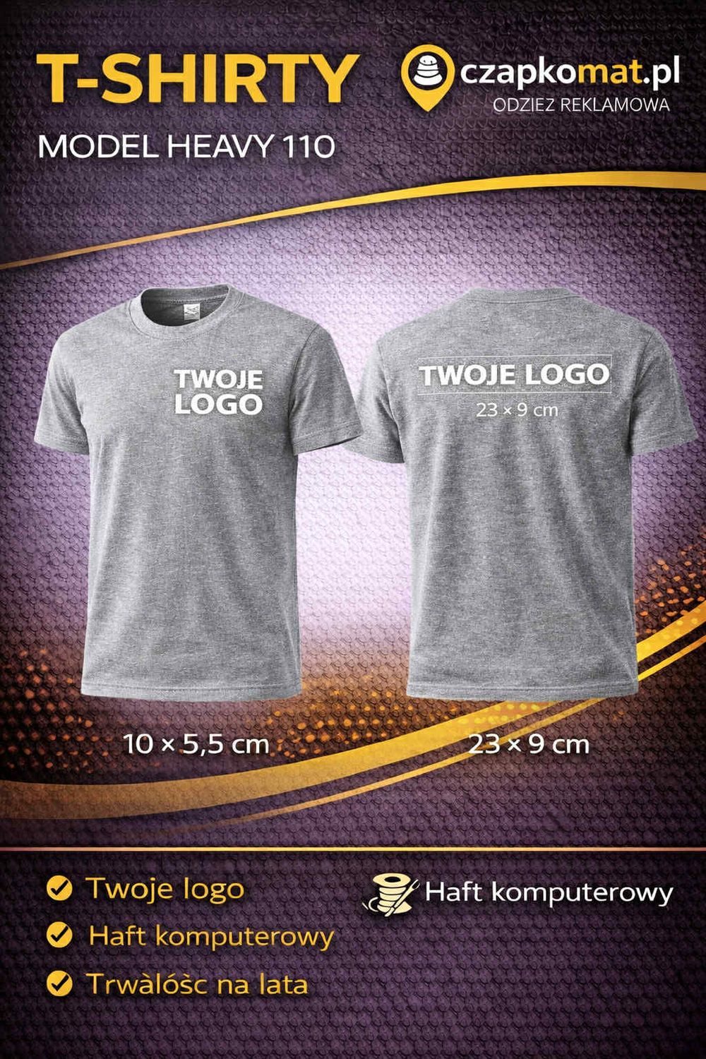 Koszulka z haftem KOSZULKA HEAVY 100% BAWEŁNA 200g/m2 TWOJE LOGO - HAFT KOMPUTERWY SZARY MELANŻ