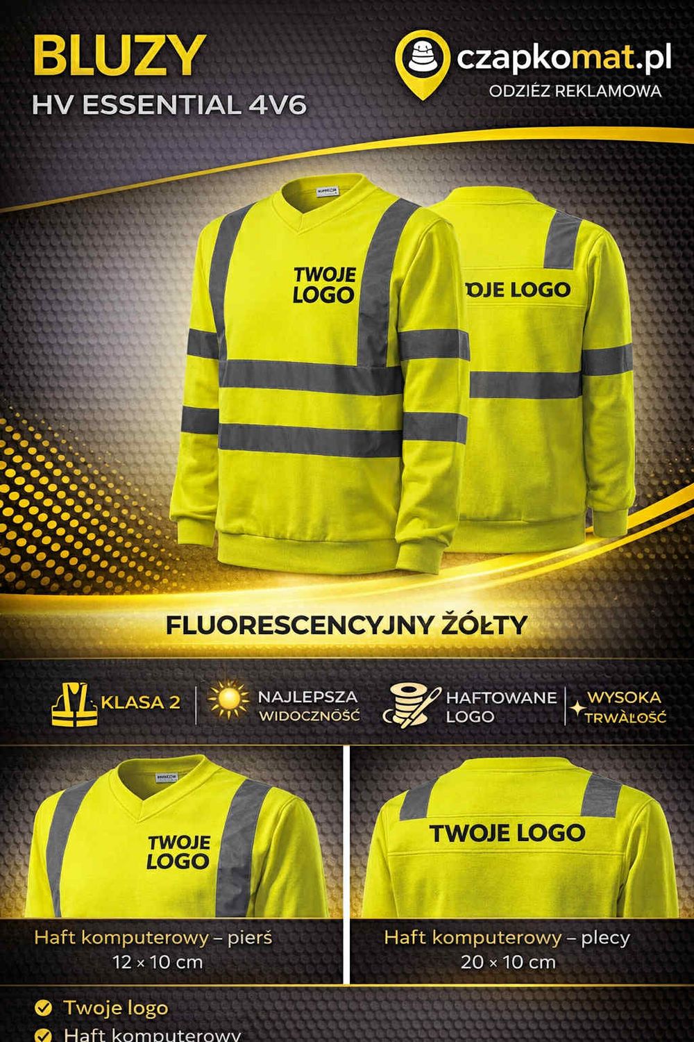 BLUZA ODBLASKOWA BHP Z TWOIM HAFTEM LOGO FIRMY ŻÓŁTA HV ESSENTIAL 4V6 HAFT KOMPUTEROWY PRZÓD + TYŁ NORMA - EN ISO 20471/A1  TAŚMY 3M