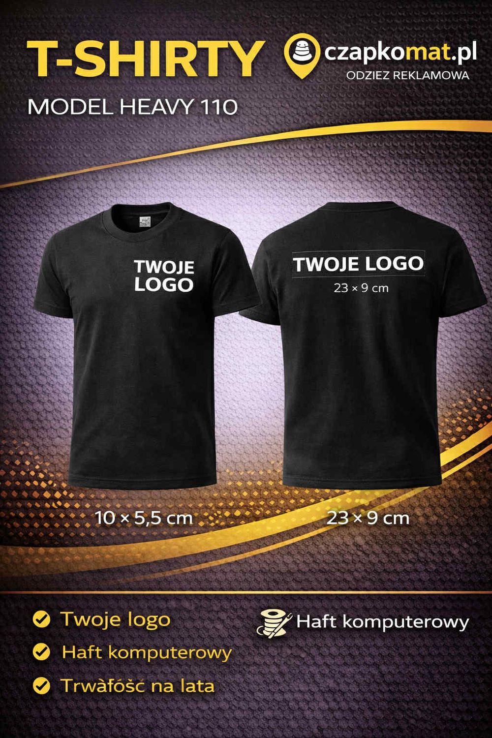 Koszulka z haftem KOSZULKA HEAVY 100% BAWEŁNA 200g/m2 TWOJE LOGO - HAFT KOMPUTERWY CZARNY BLACK