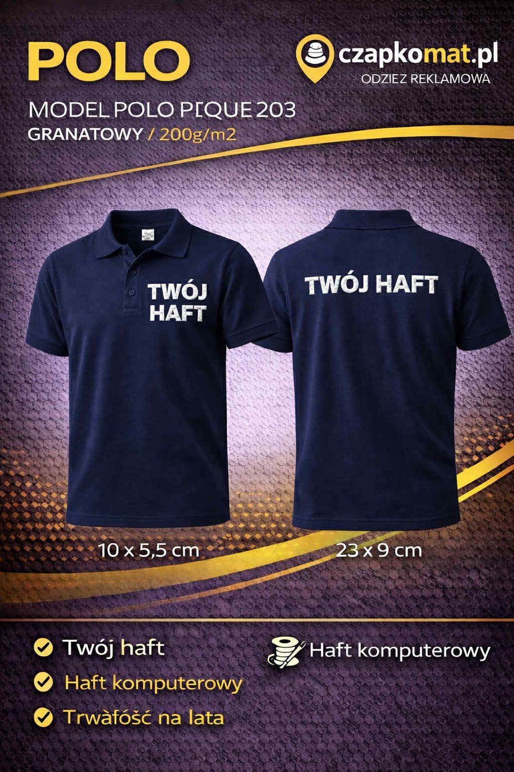 Koszulka polo z haftem KOSZULKA POLO PIQE POLO TWOJE LOGO - HAFT KOMPUTERWY PRZÓD + TYŁ 200g/m2 GRANAT NEAVY