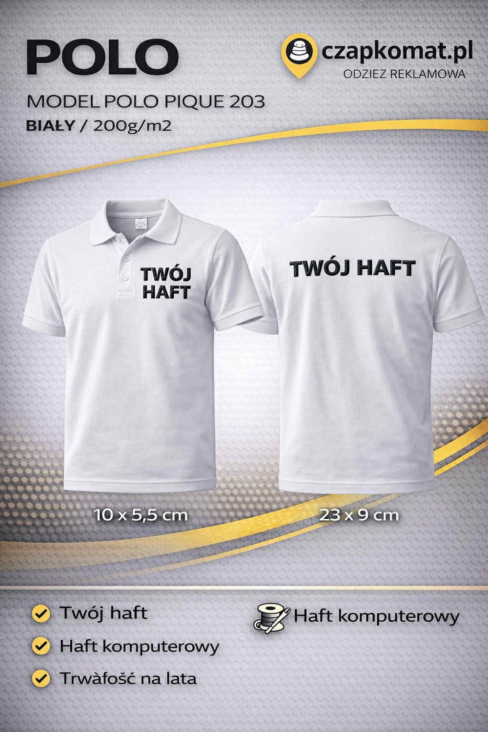 Koszulka polo z haftem KOSZULKA POLO PIQE POLO TWOJE LOGO - HAFT KOMPUTERWY PRZÓD + TYŁ 200g/m2 BIAŁY WHITE