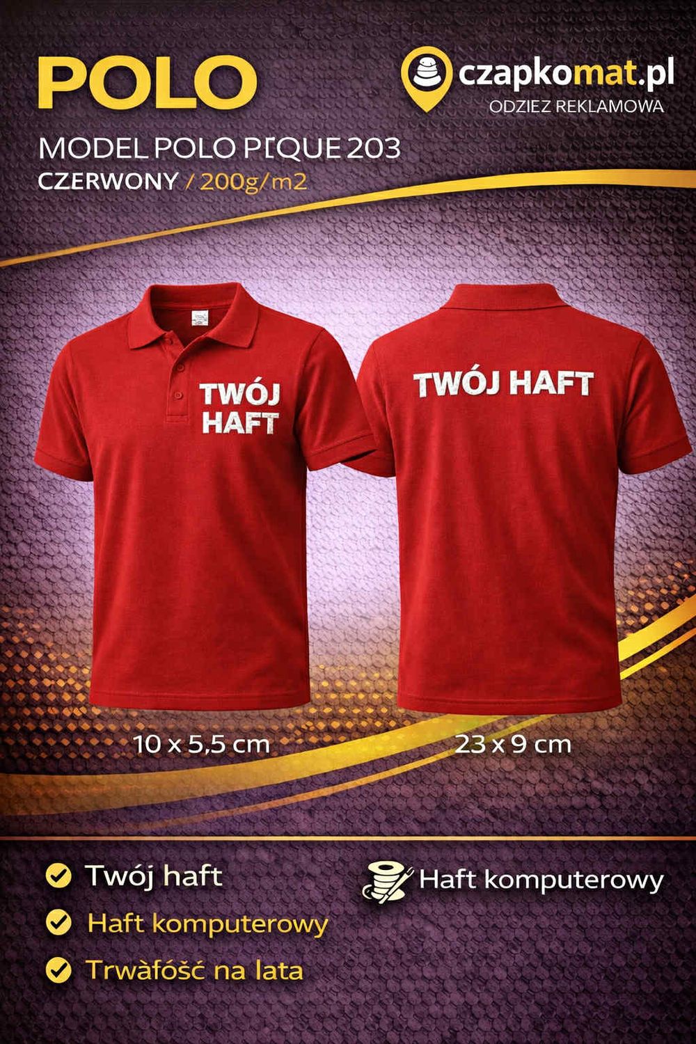Koszulka polo z haftem KOSZULKA POLO PIQE POLO TWOJE LOGO - HAFT KOMPUTERWY PRZÓD + TYŁ 200g/m2 CZERWONY RED