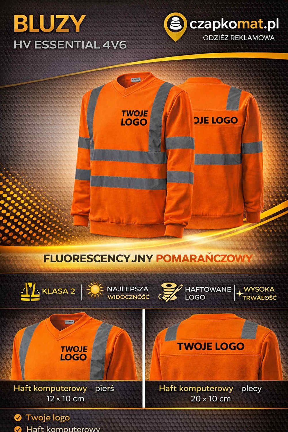 BLUZA ODBLASKOWA BHP Z TWOIM HAFTEM LOGO FIRMY POMARAŃCZ HV ESSENTIAL 4V6 HAFT KOMPUTEROWY PRZÓD + TYŁ NORMA - EN ISO 20471/A1  TAŚMY 3M