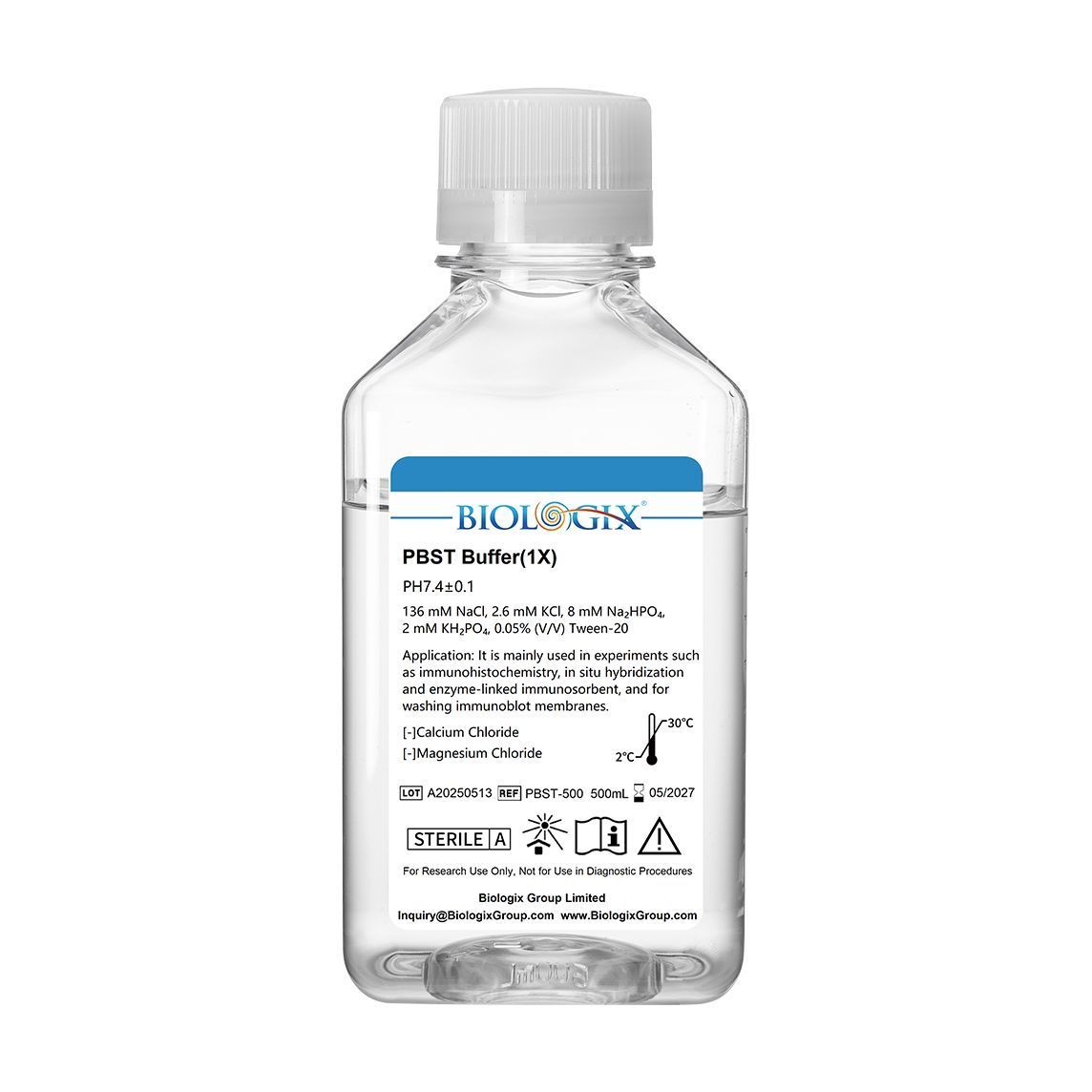 Biologix® PBST Buffer ( 1X ), pH7.4, Sterile, Low Endotoxin, 500mL/Bottle