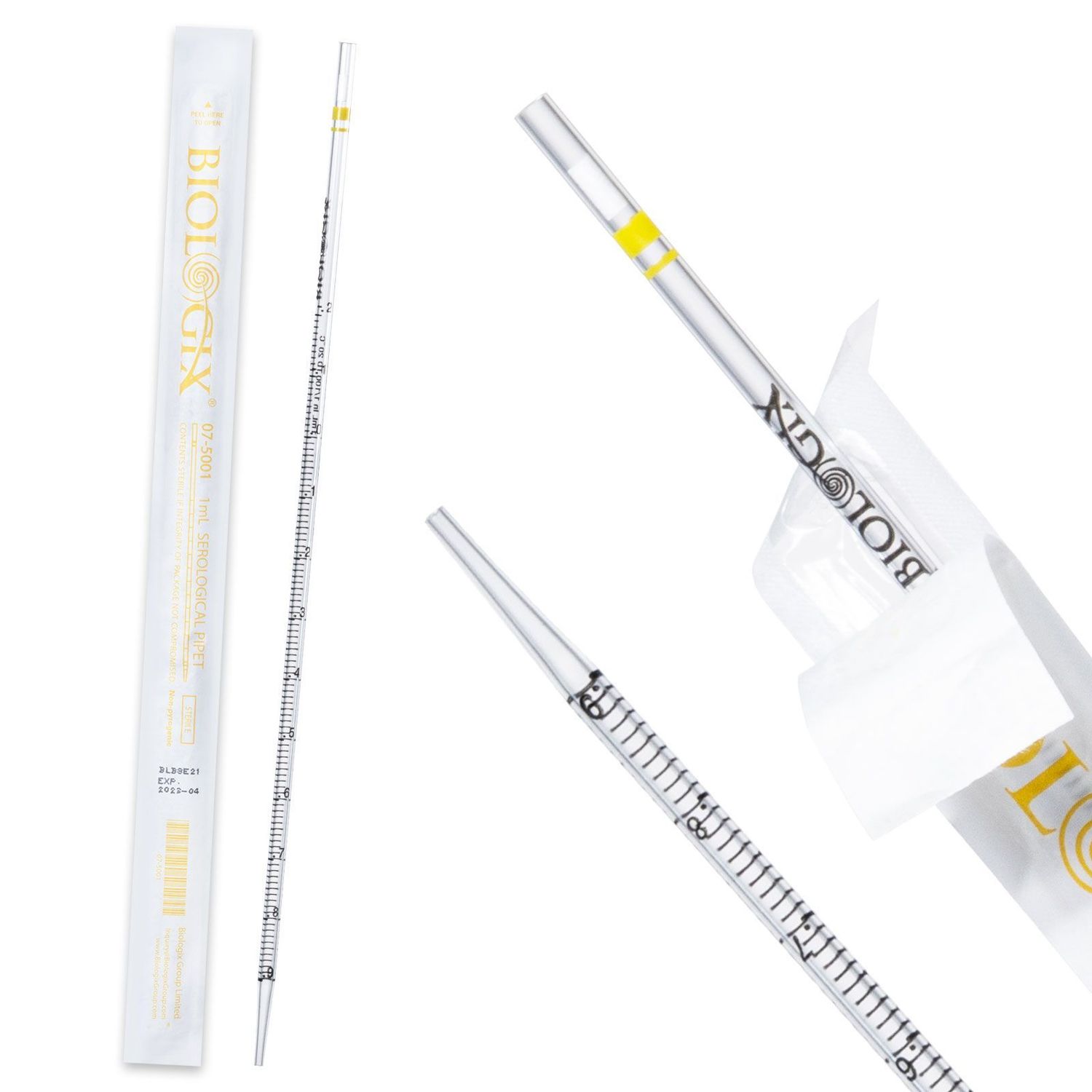 Biologix® Serological Pipettes-1mL, Sterile, Yellow，200 Pcs/Pack, 4 Packs/Case