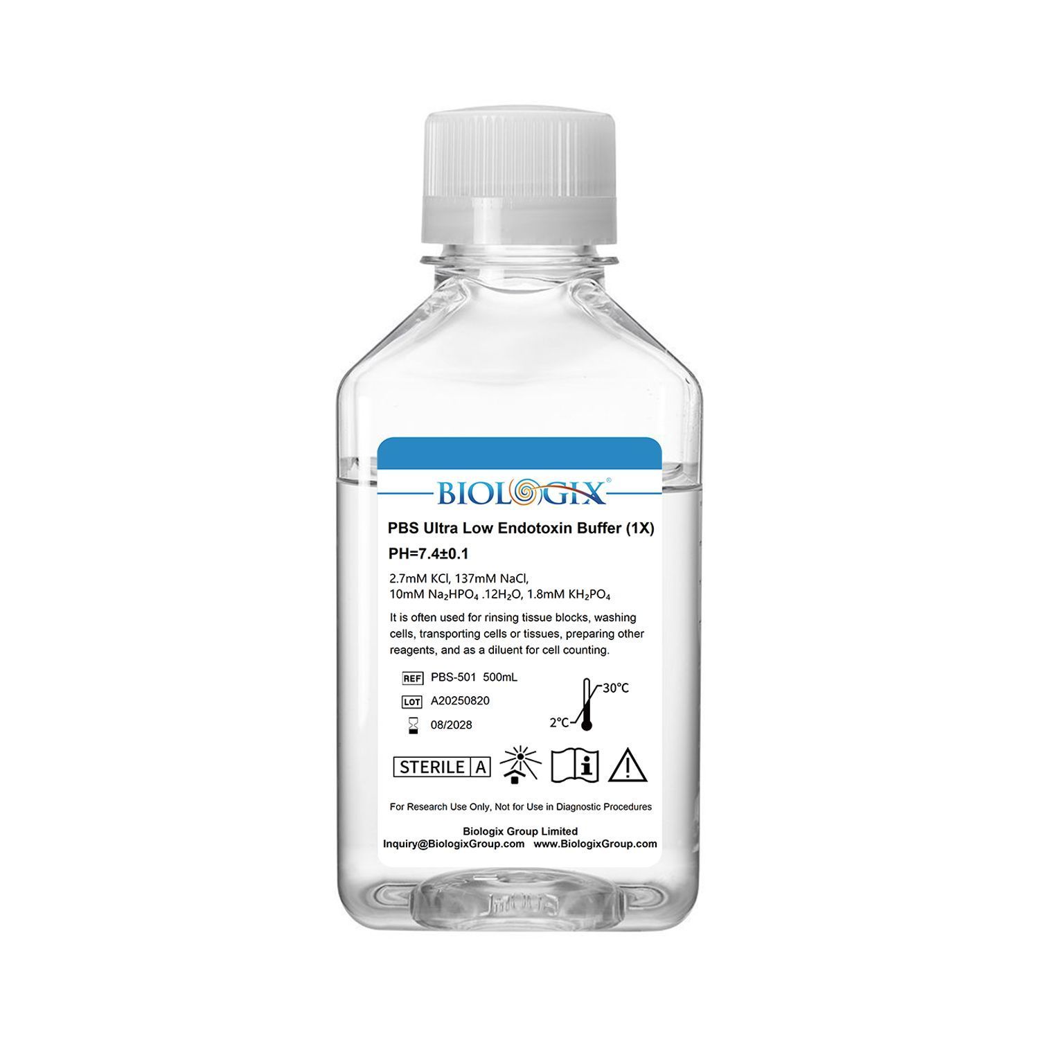 Biologix® PBS Buffer ( 1X ), pH7.4, Sterile, Ultra - low endotoxin, 500mL/Bottle