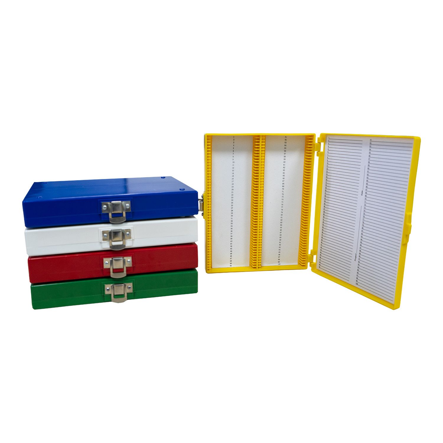 Slide Storage Boxes, 100-Place, Assorted Colors, 5 /Pack,6 Packs/Case