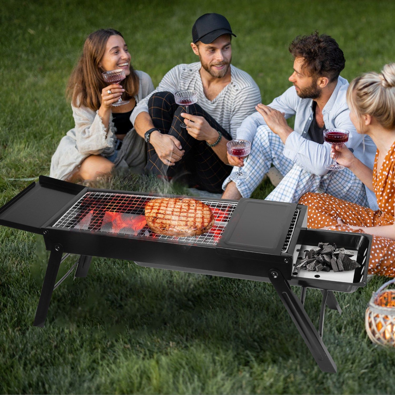 Foldable Charcoal BBQ Grill w/ Shelf Stainless Net Tabletop ¨C Black